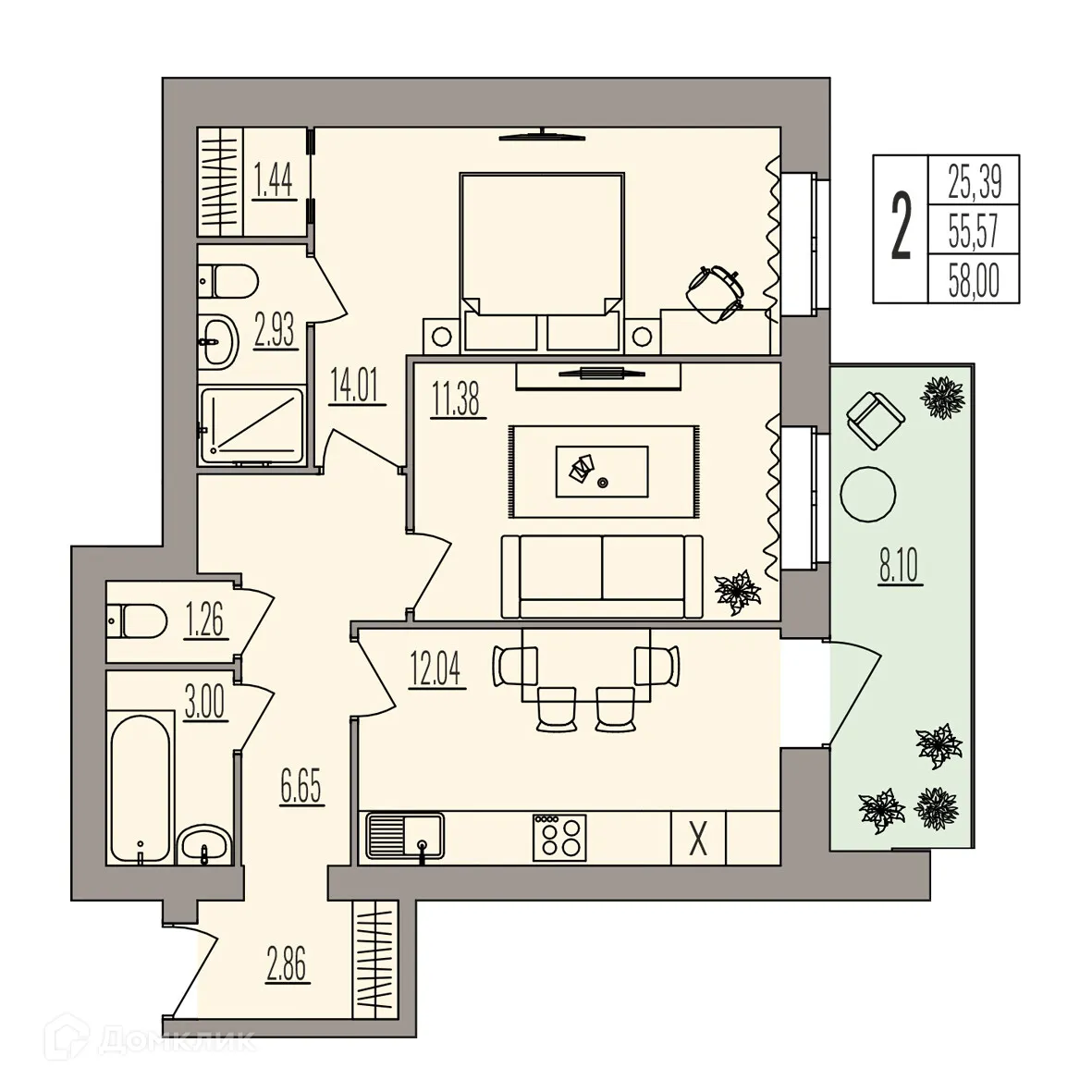 Планировка 2-комнатной квартиры 58 м² в ЖК Герои, г. Волгоград — фото 3