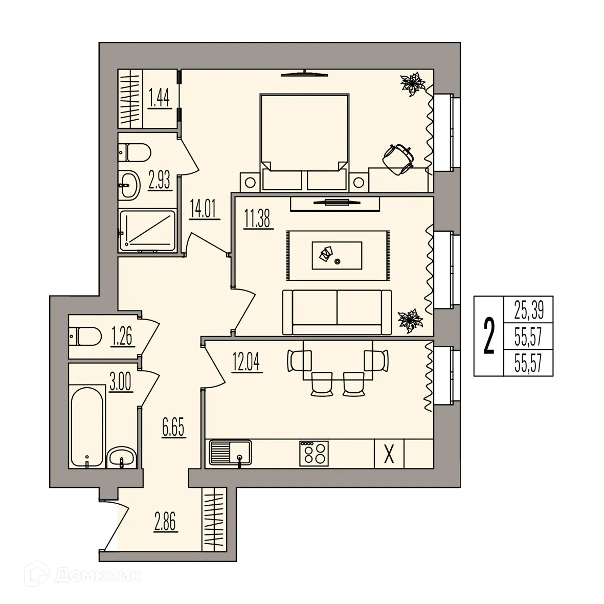 Планировка 2-комнатной квартиры 55.57 м² в ЖК Герои, г. Волгоград — фото 3