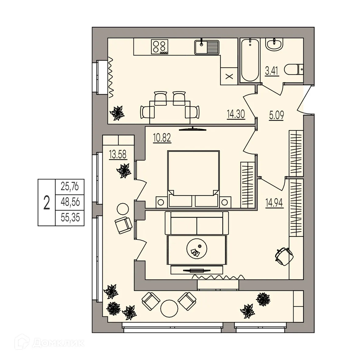 Планировка 2-комнатной квартиры 55.35 м² в ЖК Герои, г. Волгоград — фото 5