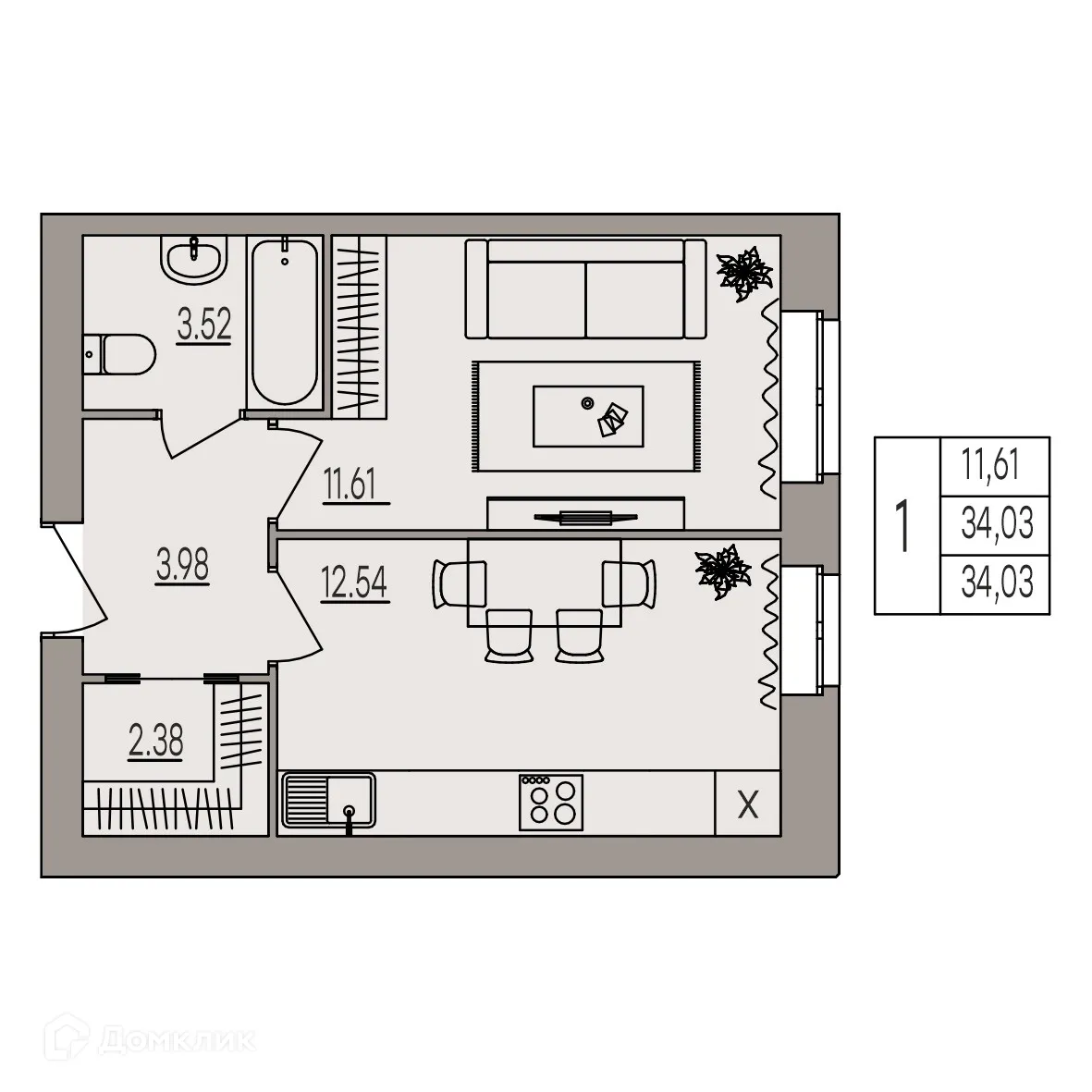 Планировка 1-комнатной квартиры 34.03 м² в ЖК Герои, г. Волгоград — фото 5
