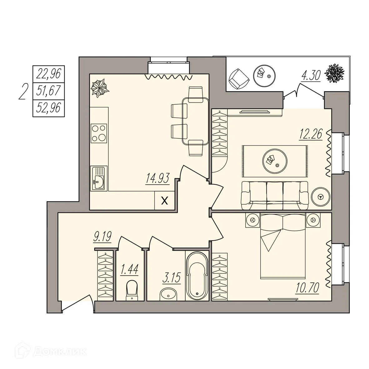 Планировка 2-комнатной квартиры 52.96 м² в ЖК Герои, г. Волгоград — фото 1