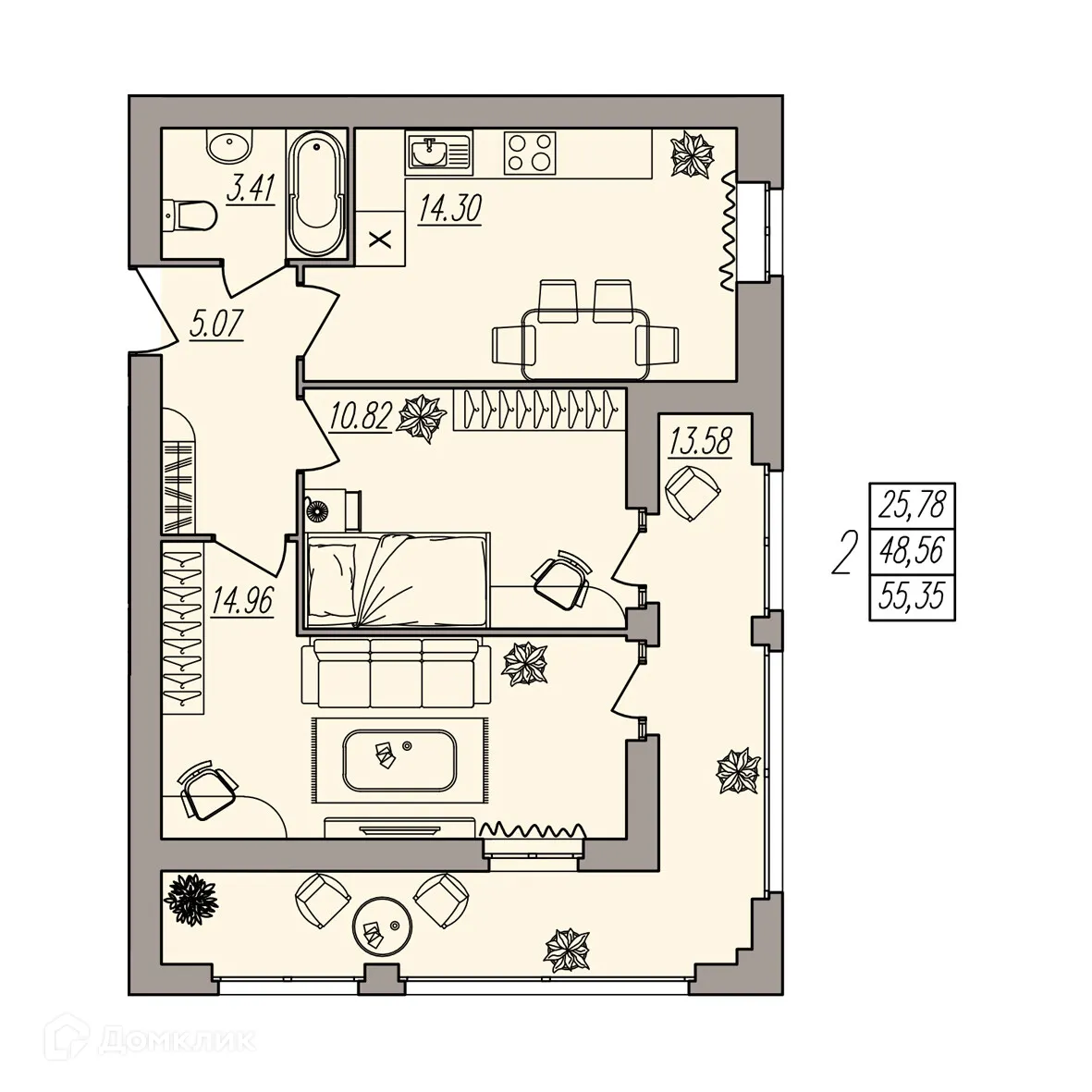 Планировка 2-комнатной квартиры 55.35 м² в ЖК Герои, г. Волгоград — фото 4