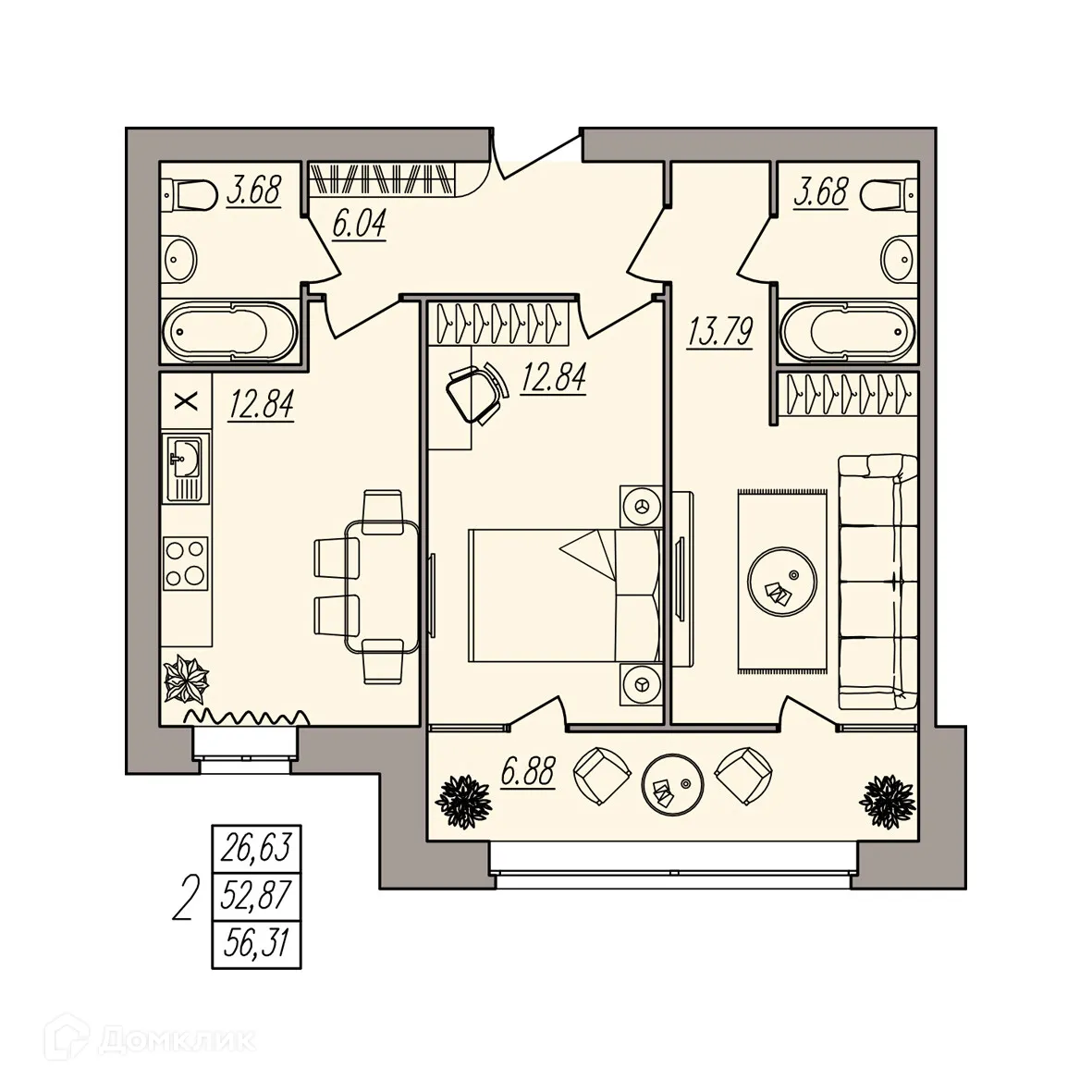 Планировка 2-комнатной квартиры 56.31 м² в ЖК Герои, г. Волгоград — фото 3