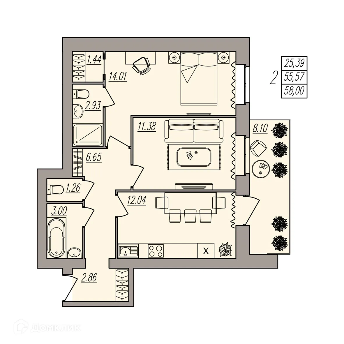 Планировка 2-комнатной квартиры 58 м² в ЖК Герои, г. Волгоград — фото 3