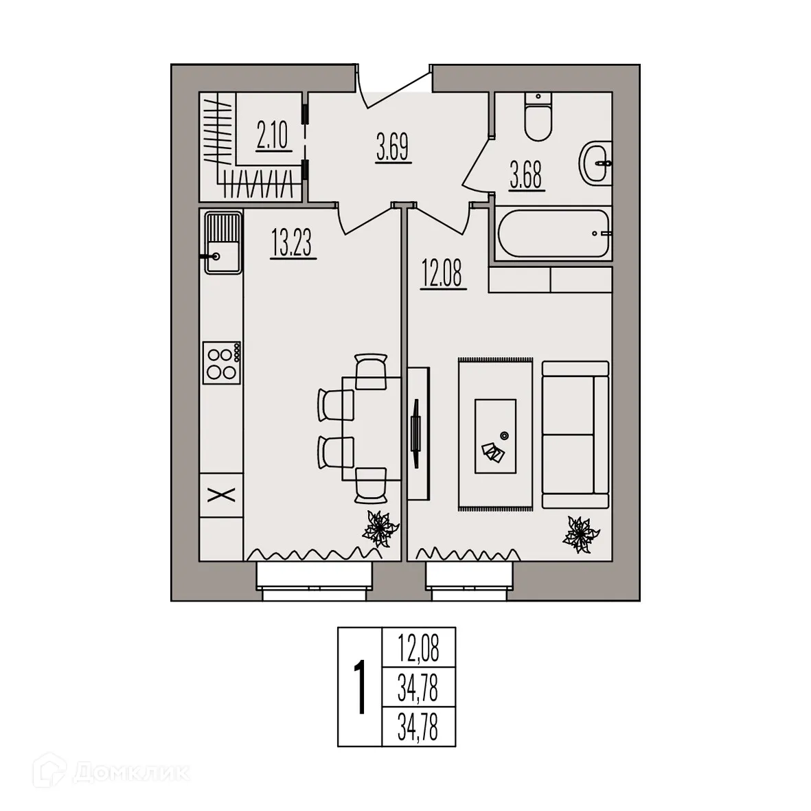 Планировка 1-комнатной квартиры 34.78 м² в ЖК Герои, г. Волгоград — фото 3
