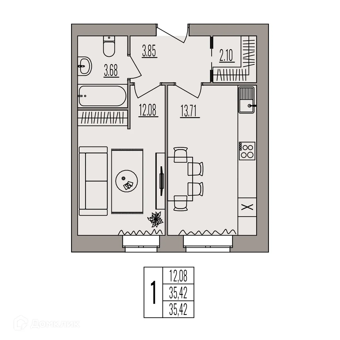 Планировка 1-комнатной квартиры 35.42 м² в ЖК Герои, г. Волгоград — фото 1