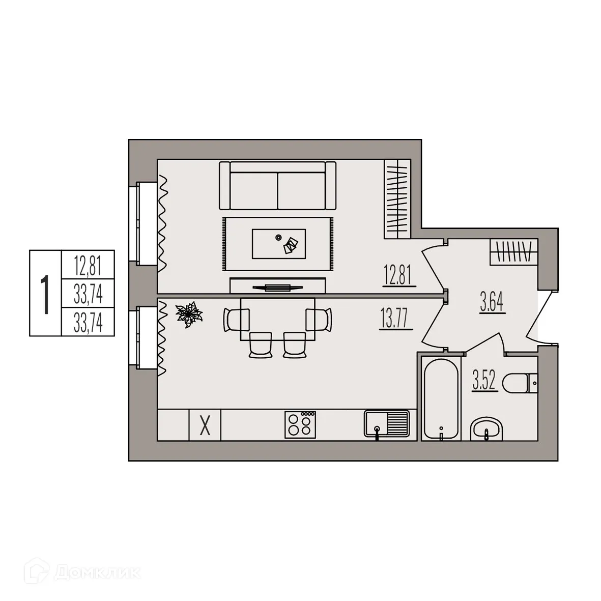 Планировка 1-комнатной квартиры 33.74 м² в ЖК Герои, г. Волгоград — фото 3