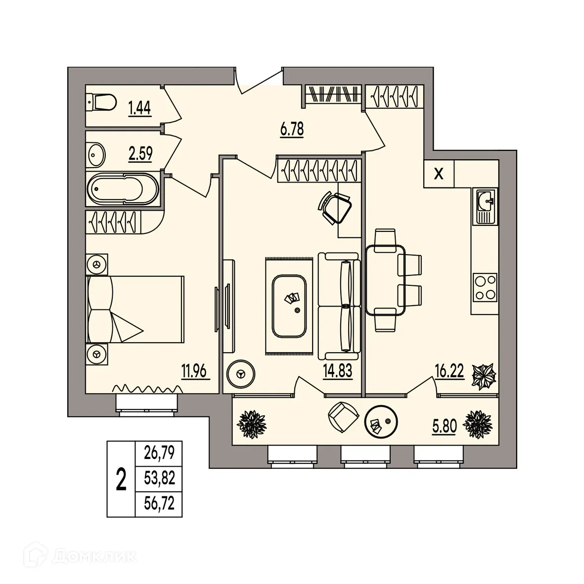 Планировка 2-комнатной квартиры 56.72 м² в ЖК Герои, г. Волгоград — фото 1