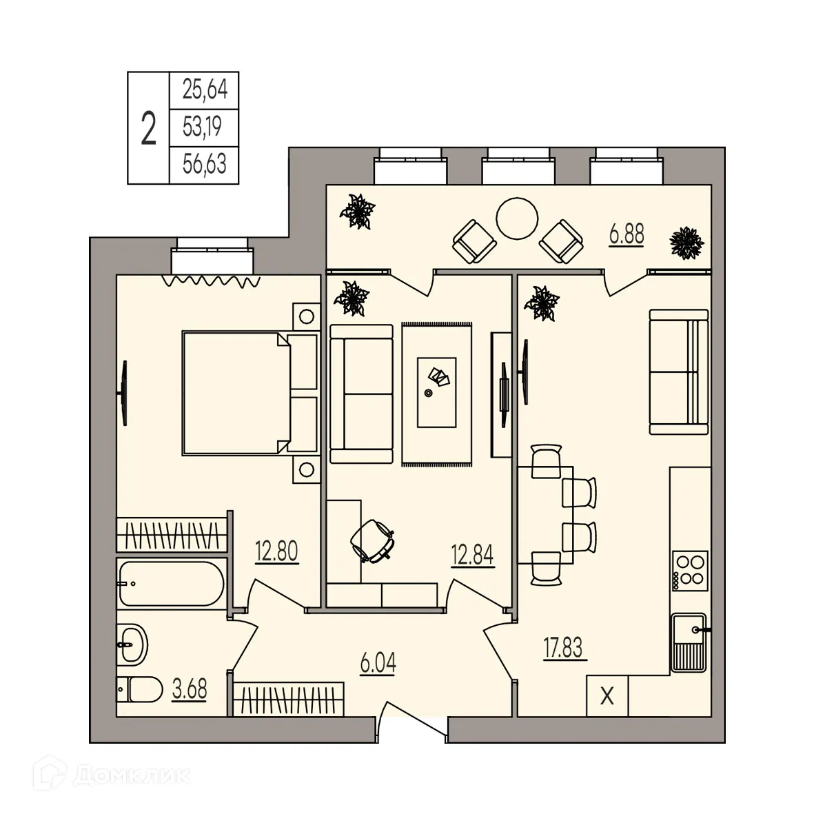Планировка 2-комнатной квартиры 56.63 м² в ЖК Герои, г. Волгоград — фото 3