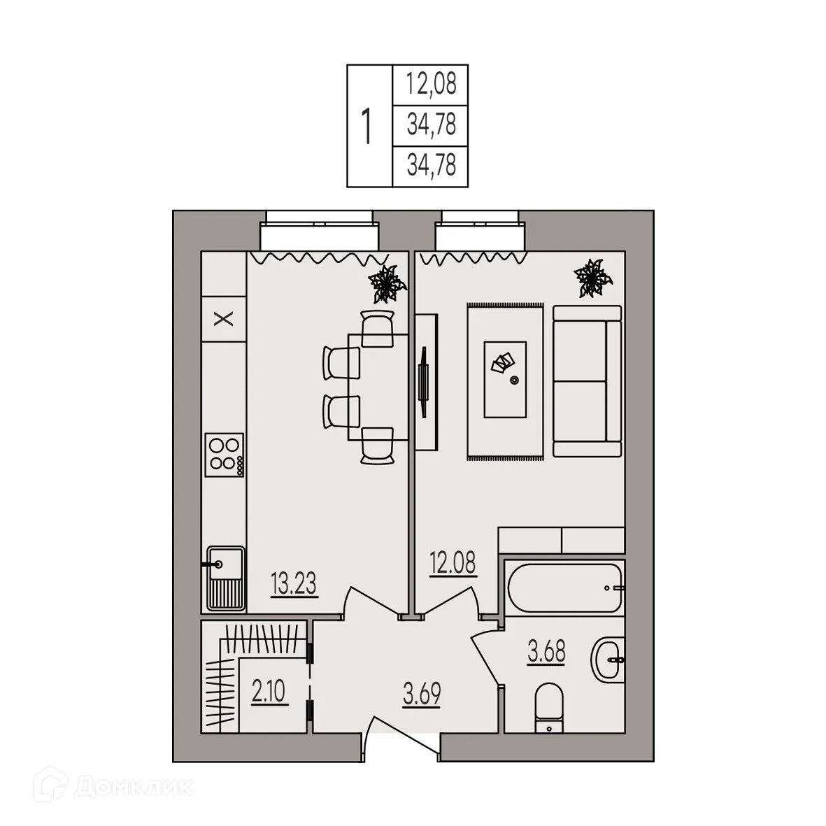 Планировка 1-комнатной квартиры 34.78 м² в ЖК Герои, г. Волгоград — фото 1