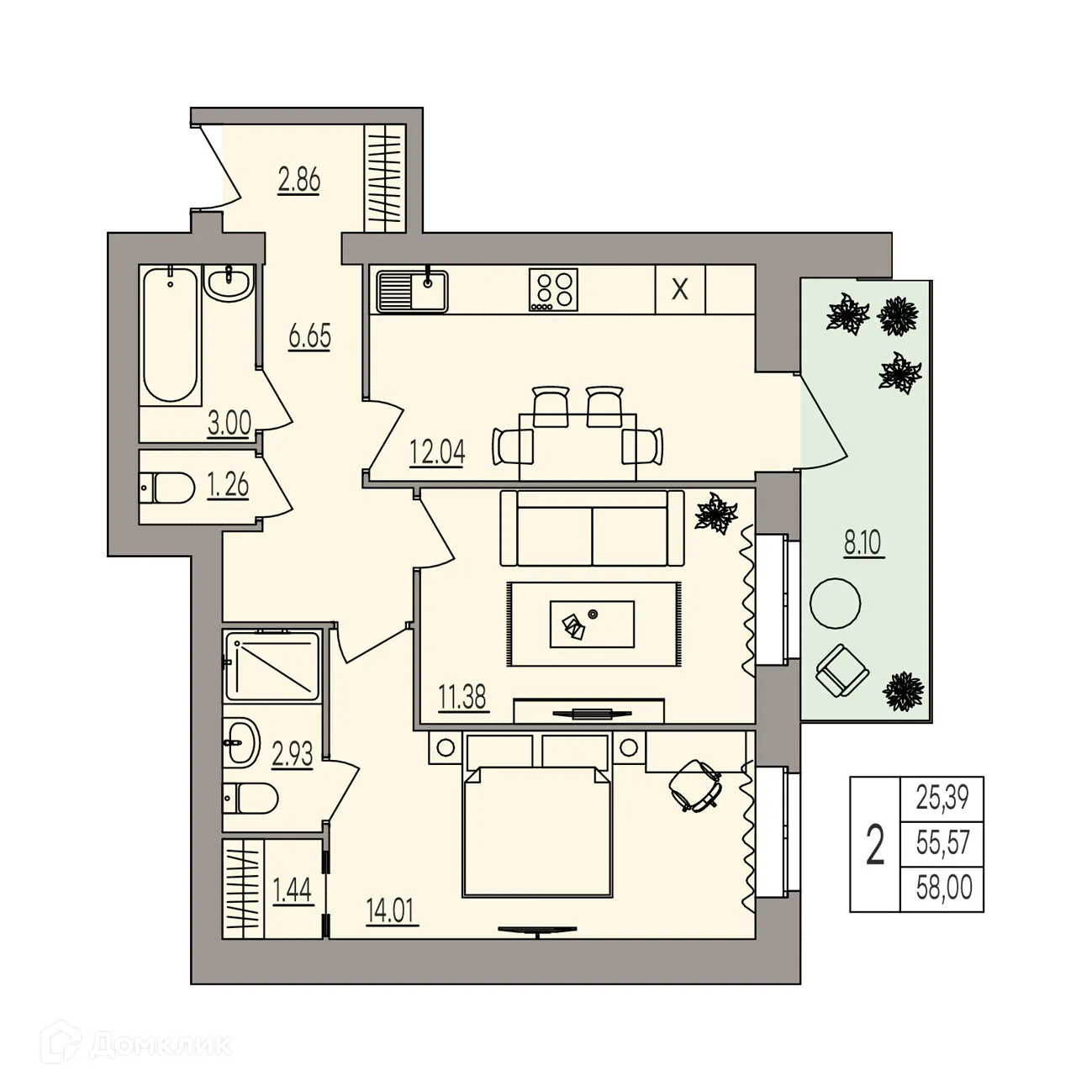 Планировка 2-комнатной квартиры 58 м² в ЖК Герои, г. Волгоград — фото 3