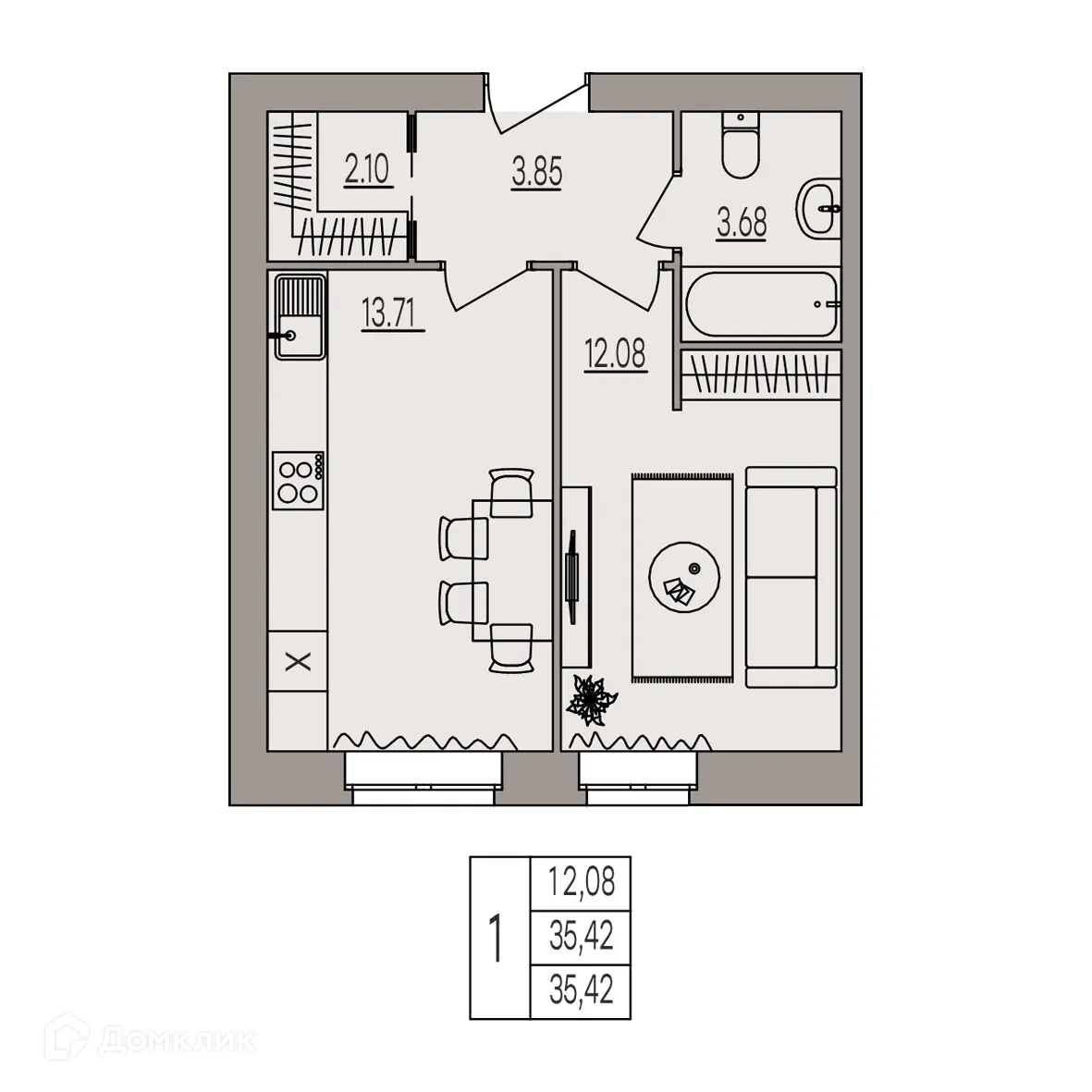 Планировка 1-комнатной квартиры 35.42 м² в ЖК Герои, г. Волгоград — фото 7