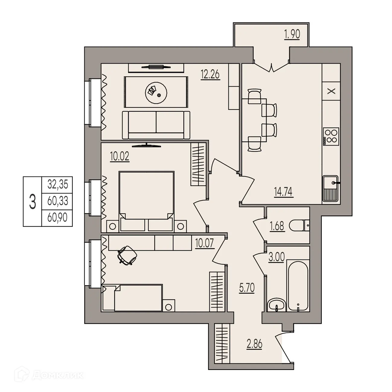 Планировка 3-комнатной квартиры 60.9 м² в ЖК Герои, г. Волгоград — фото 5