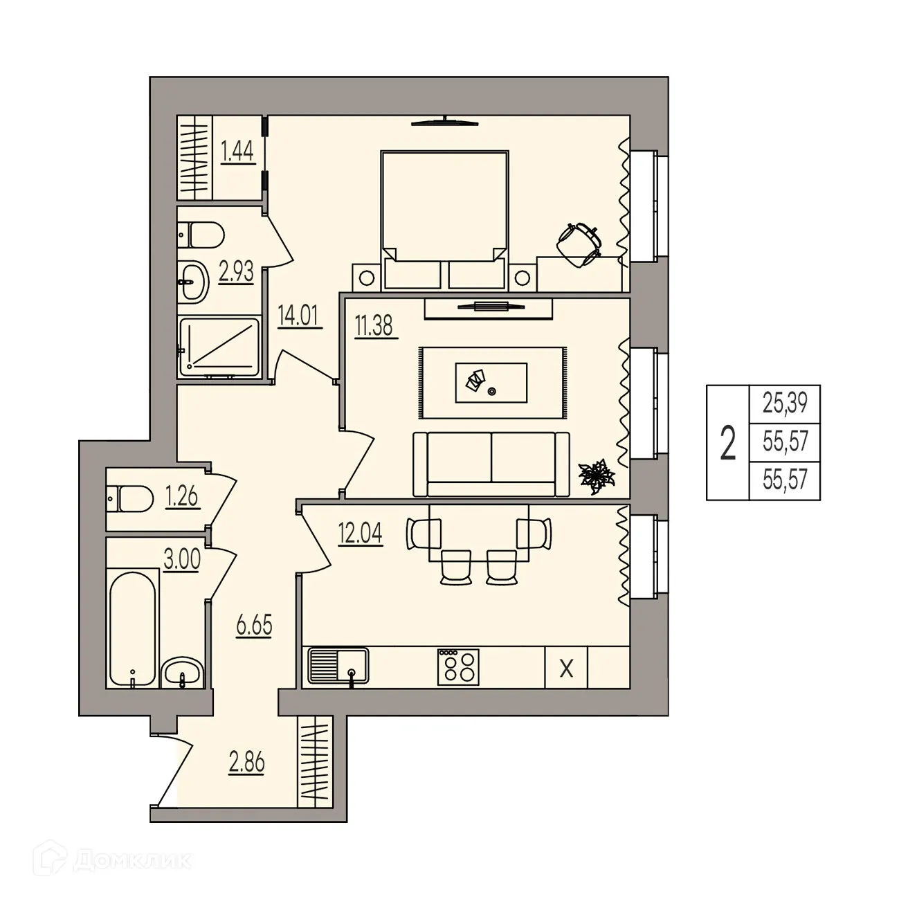 Планировка 2-комнатной квартиры 55.57 м² в ЖК Герои, г. Волгоград — фото 3