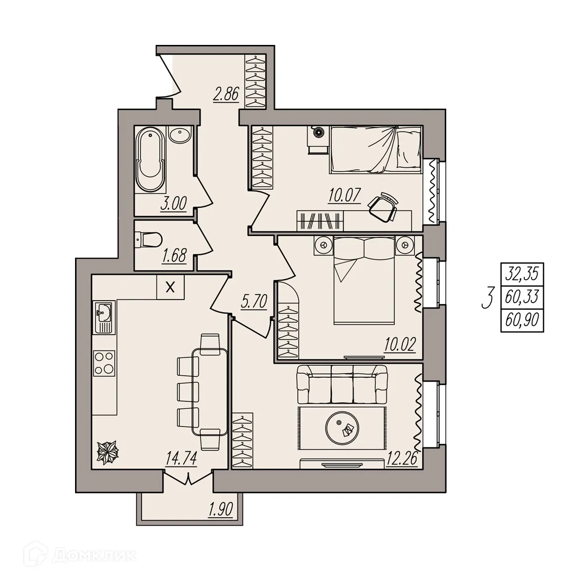 Планировка 3-комнатной квартиры 60.9 м² в ЖК Герои, г. Волгоград — фото 1