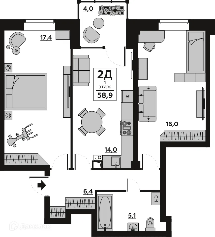 Планировка 2-комнатной квартиры 58.91 м² в ЖК "Лапшин Loft (Лапшин Лофт)", г. Волгоград — фото 1