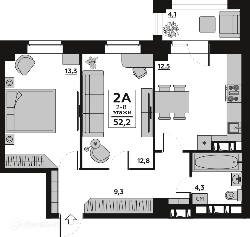 Планировка 2-комнатной квартиры 54.64 м² в ЖК АРБАТ, г. Волгоград — фото 2