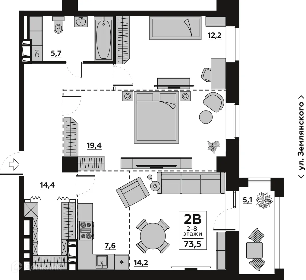 Планировка 2-комнатной квартиры 76.22 м² в ЖК АРБАТ, г. Волгоград — фото 2