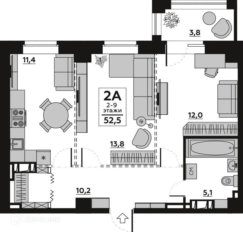 Планировка 2-комнатной квартиры 54.77 м² в ЖК АРБАТ, г. Волгоград — фото 4
