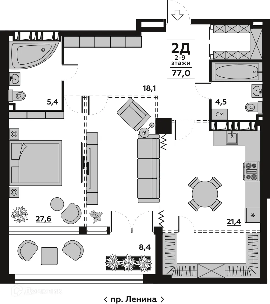Планировка 2-комнатной квартиры 81.23 м² в ЖК АРБАТ, г. Волгоград — фото 2