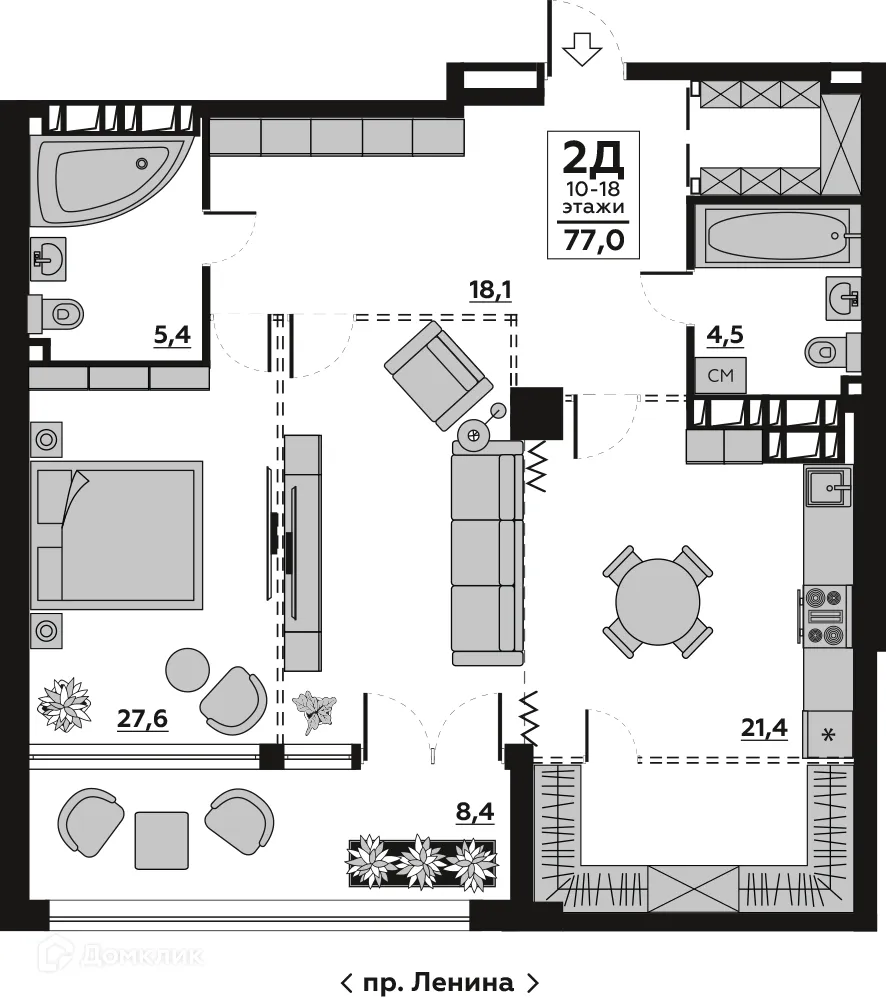 Планировка 2-комнатной квартиры 81.23 м² в ЖК АРБАТ, г. Волгоград — фото 3