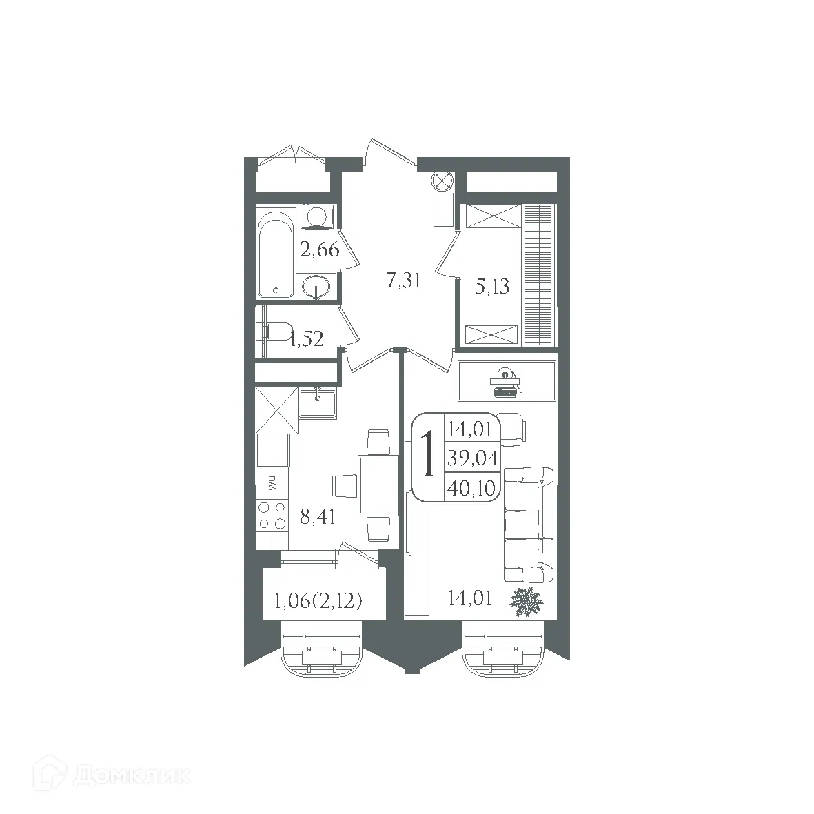 Планировка 1-комнатной квартиры 40.1 м² в ЖК DOLCE VITA, г. Волгоград — фото 1