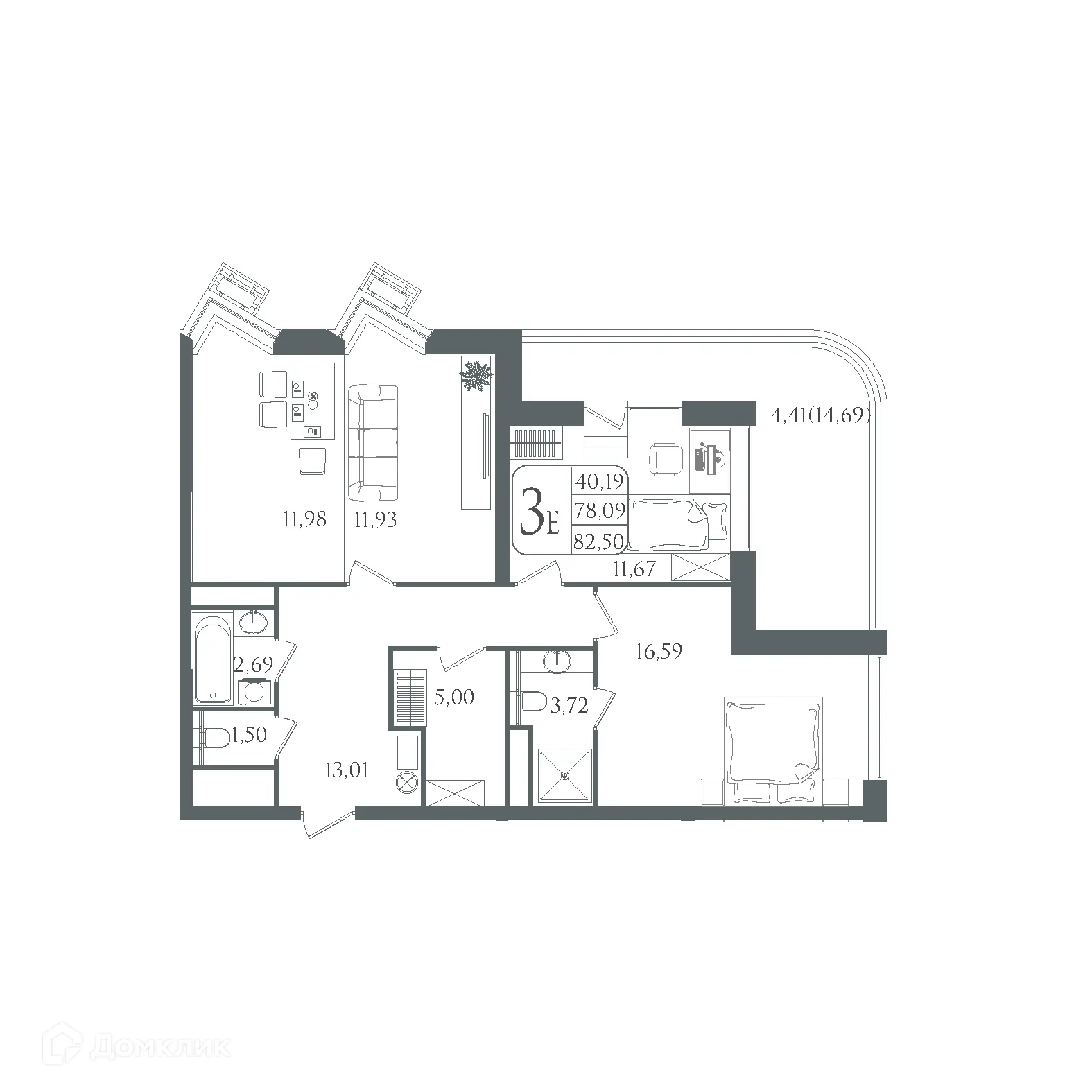 Планировка 3-комнатной квартиры 82.5 м² в ЖК DOLCE VITA, г. Волгоград — фото 3