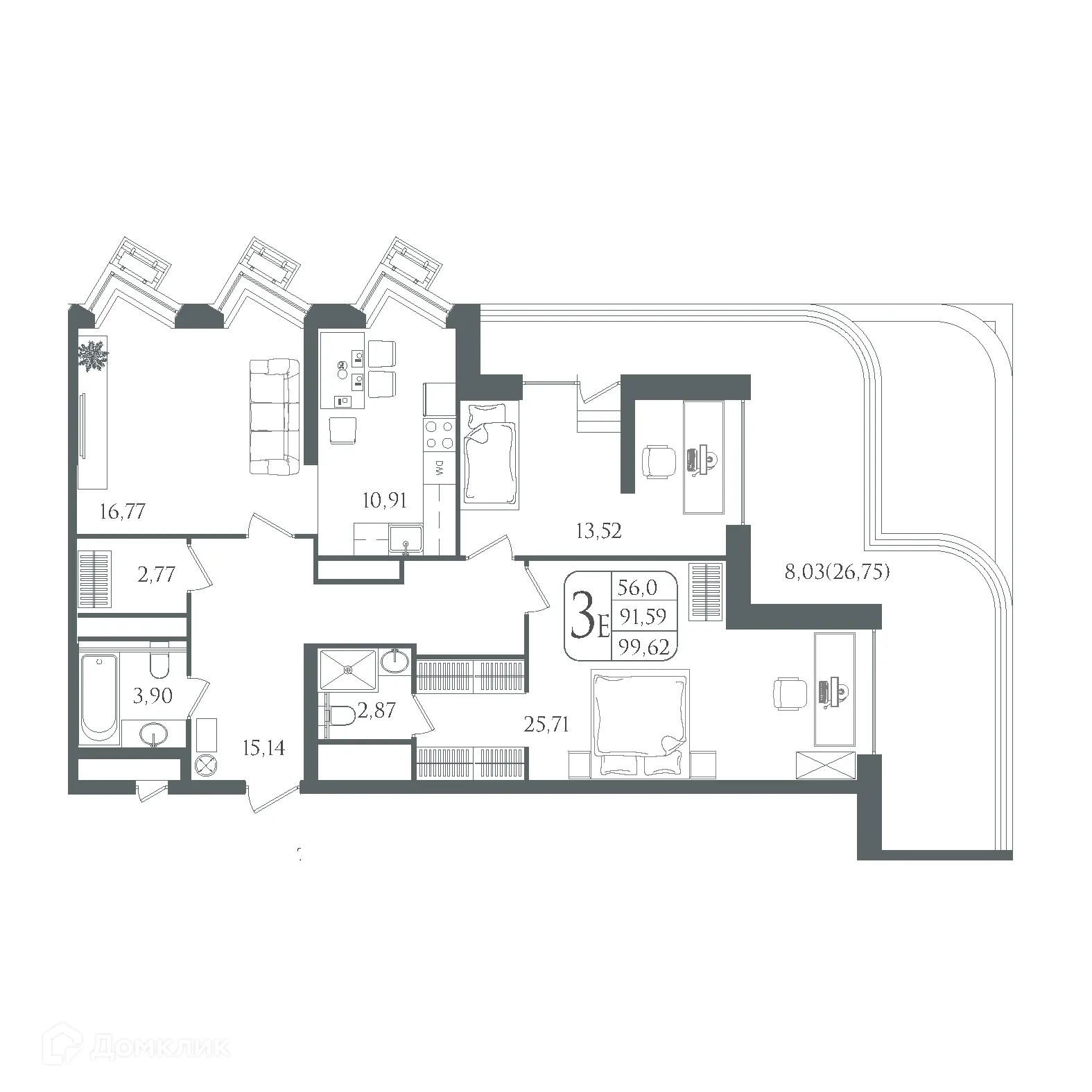 Планировка 3-комнатной квартиры 99.62 м² в ЖК DOLCE VITA, г. Волгоград — фото 3