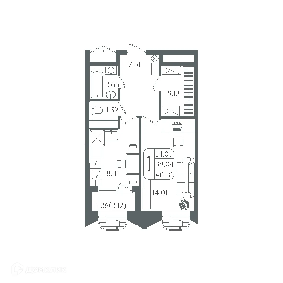 Планировка 1-комнатной квартиры 40.1 м² в ЖК DOLCE VITA, г. Волгоград — фото 3