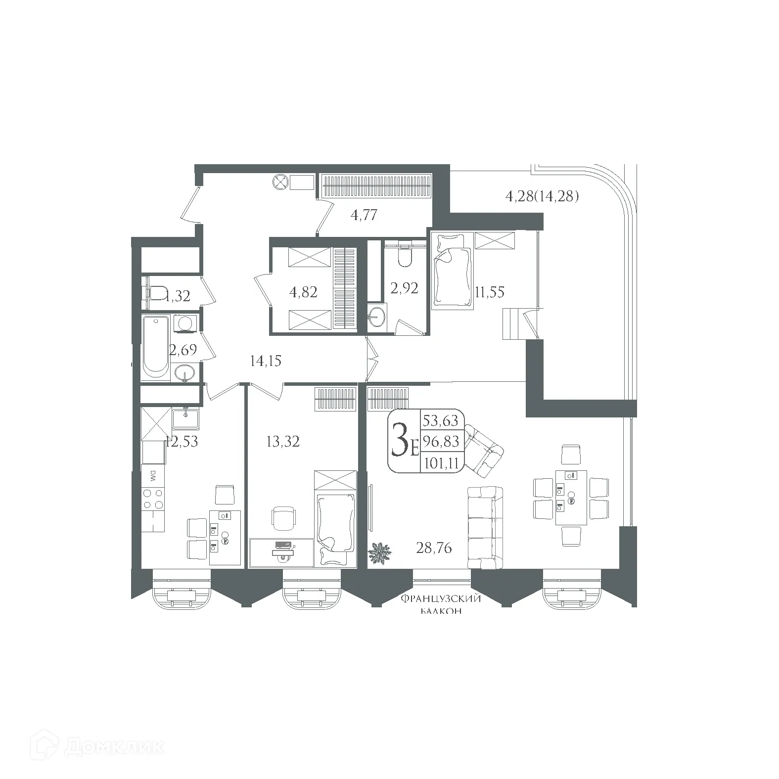 Планировка 3-комнатной квартиры 101.11 м² в ЖК DOLCE VITA, г. Волгоград — фото 9