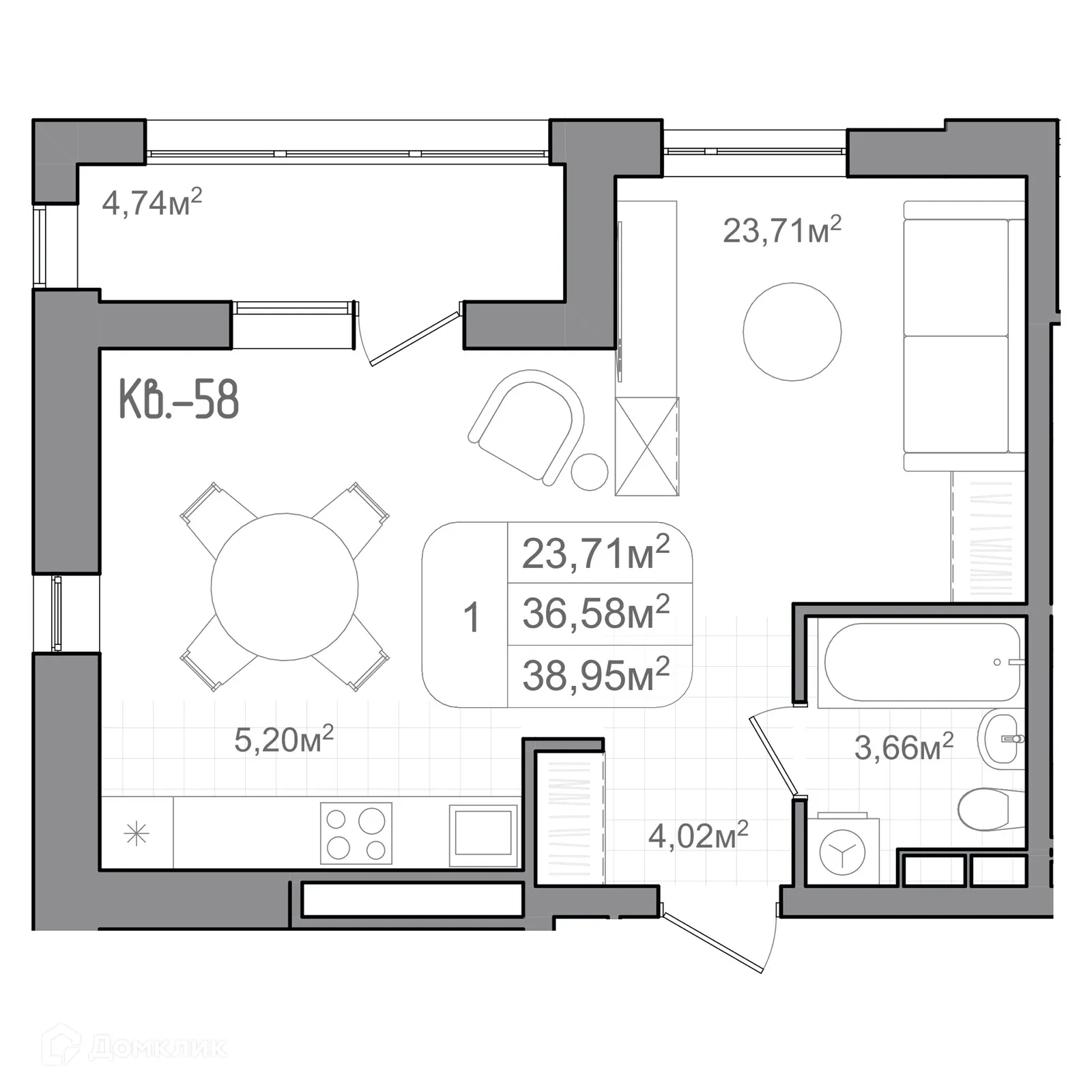 Планировка студии квартиры 38.95 м² в ЖК ФАКУЛЬТЕТ, г. Волгоград — фото 1