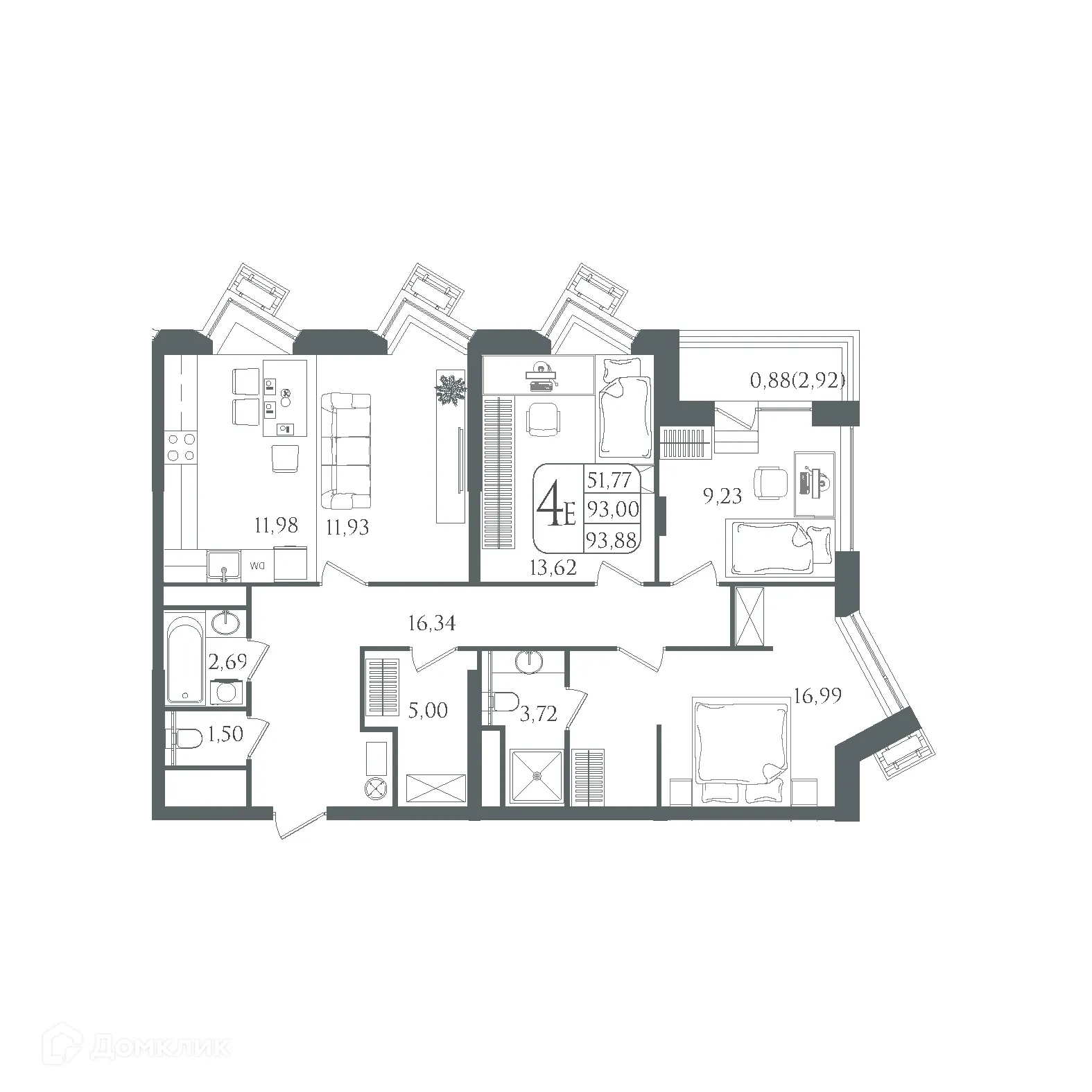 Планировка 4-комнатной квартиры 94.46 м² в ЖК DOLCE VITA, г. Волгоград — фото 1