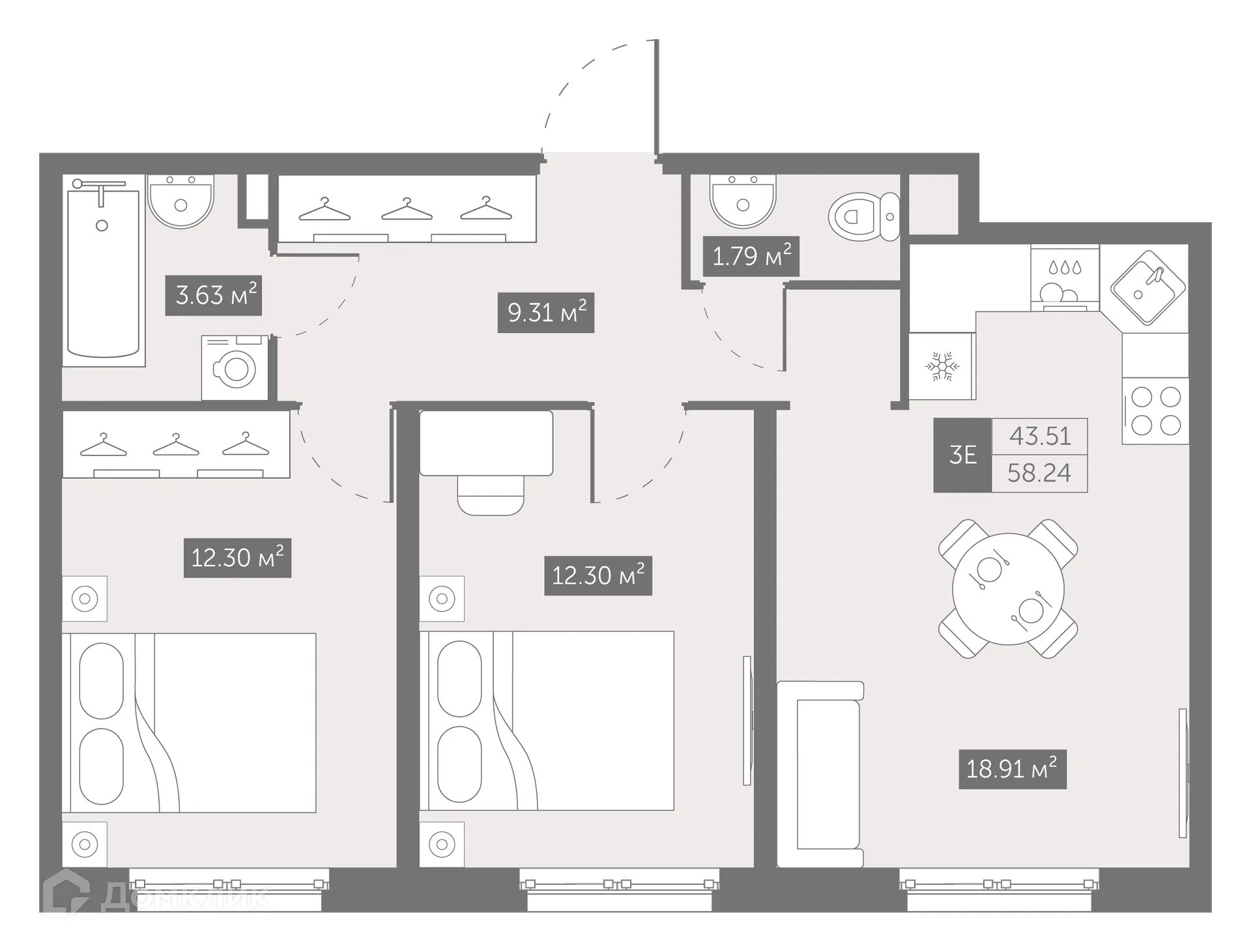Планировка 2-комнатной квартиры 58.24 м² в ЖК "ZOOM на Неве", г. Санкт-Петербург — фото 2