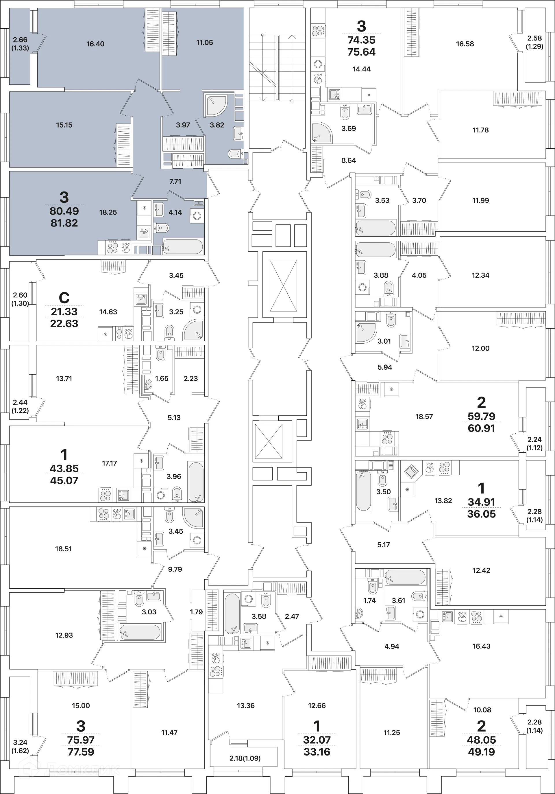 Планировка 3-комнатной квартиры 81.3 м² в ЖК Академик, г. Санкт-Петербург — фото 2