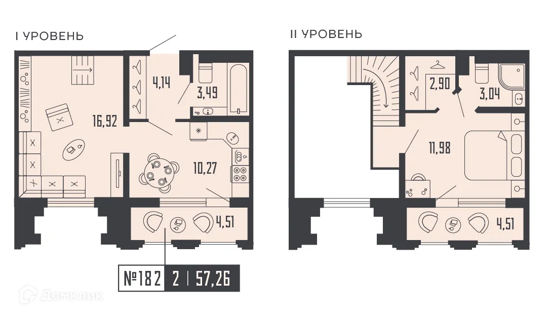 Планировка 2-комнатной квартиры 57.26 м² в ЖК Шепилевский, г. Санкт-Петербург — фото 1