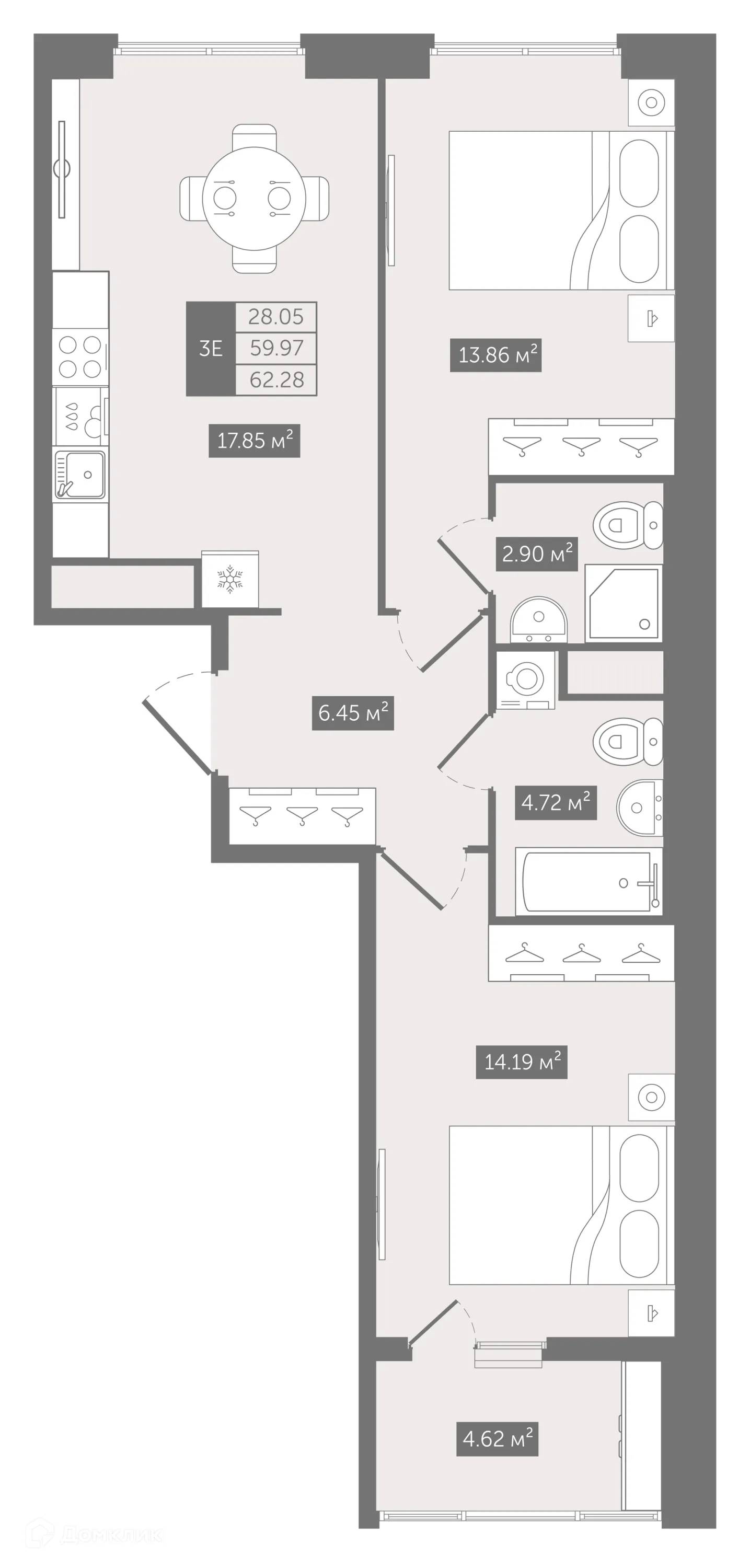 Планировка 2-комнатной квартиры 62.28 м² в ЖК N8, г. Санкт-Петербург — фото 1