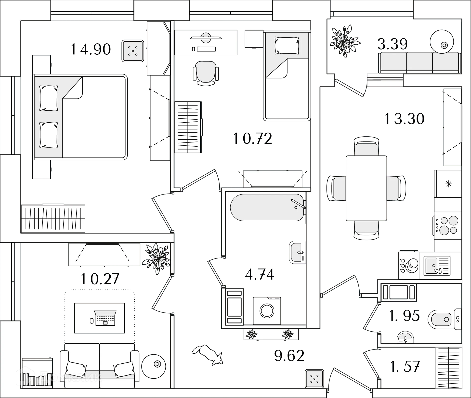 Планировка 3-комнатной квартиры 68.7 м² в ЖК БелАрт, г. Санкт-Петербург — фото 1