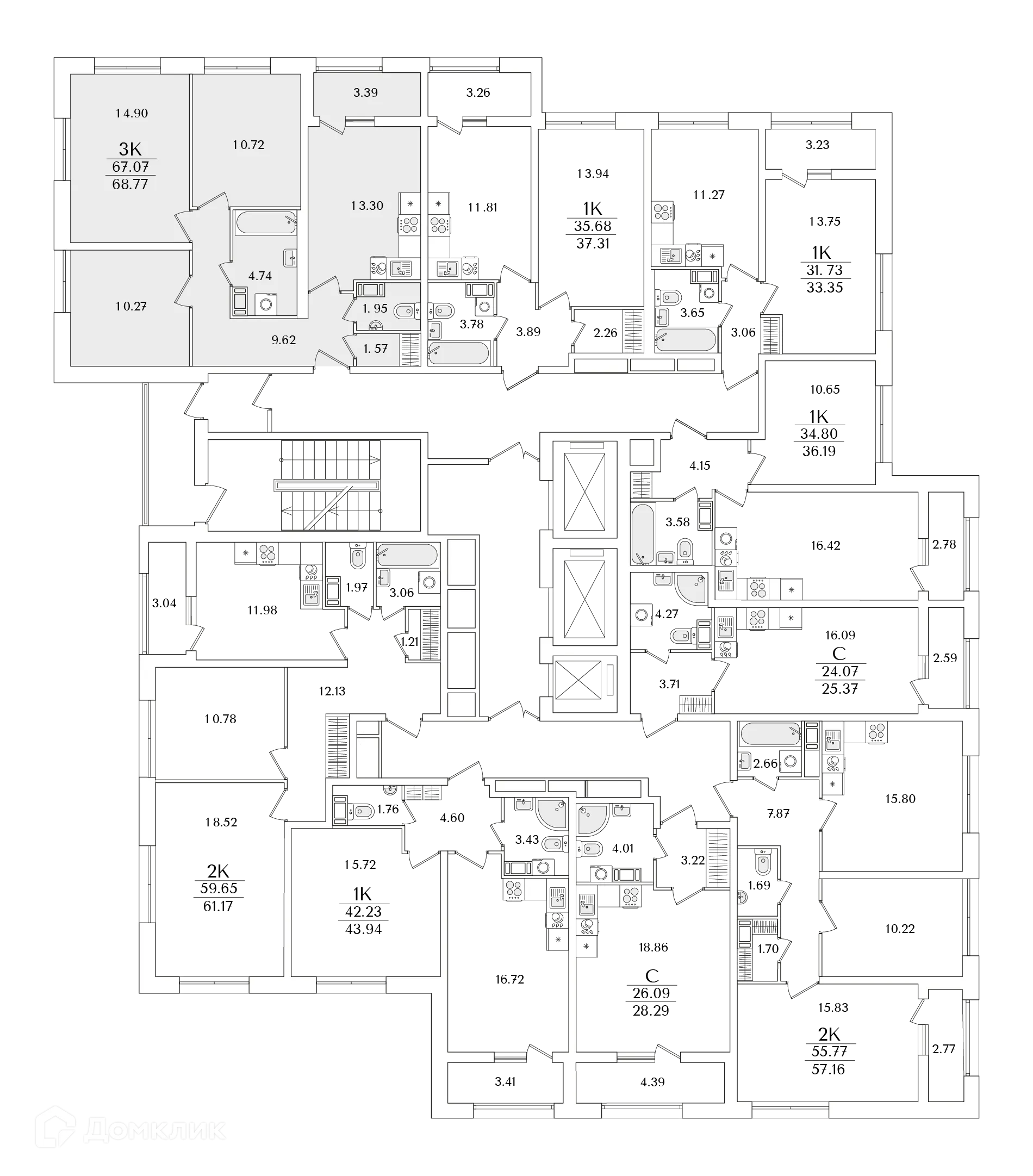 Планировка 3-комнатной квартиры 68.7 м² в ЖК БелАрт, г. Санкт-Петербург — фото 2