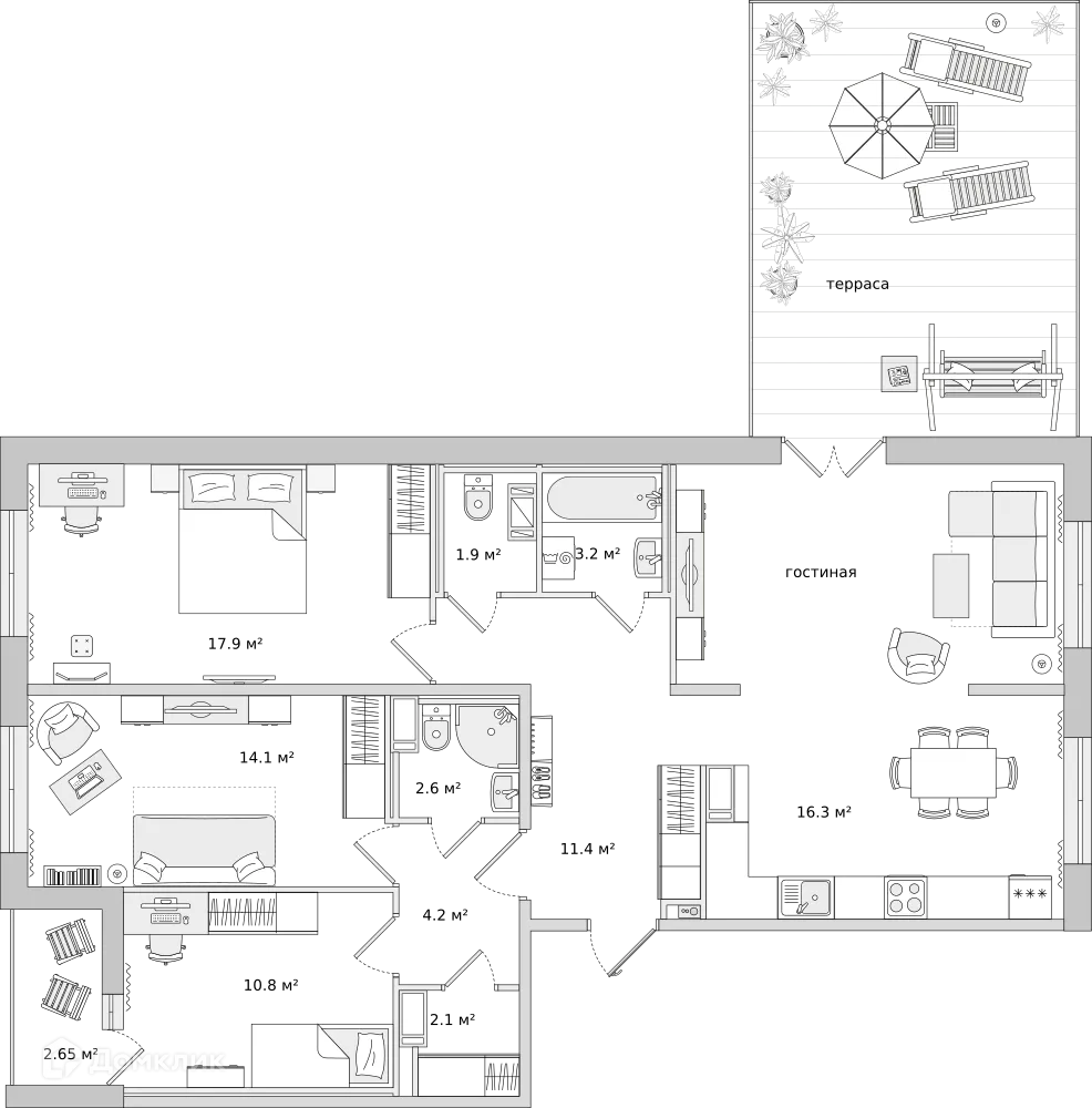 Планировка 3-комнатной квартиры 102.2 м² в ЖК ЦДС "Чёрная Речка", г. Санкт-Петербург — фото 1