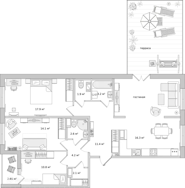 Планировка 3 комн. в ЖК ЦДС "Чёрная Речка"