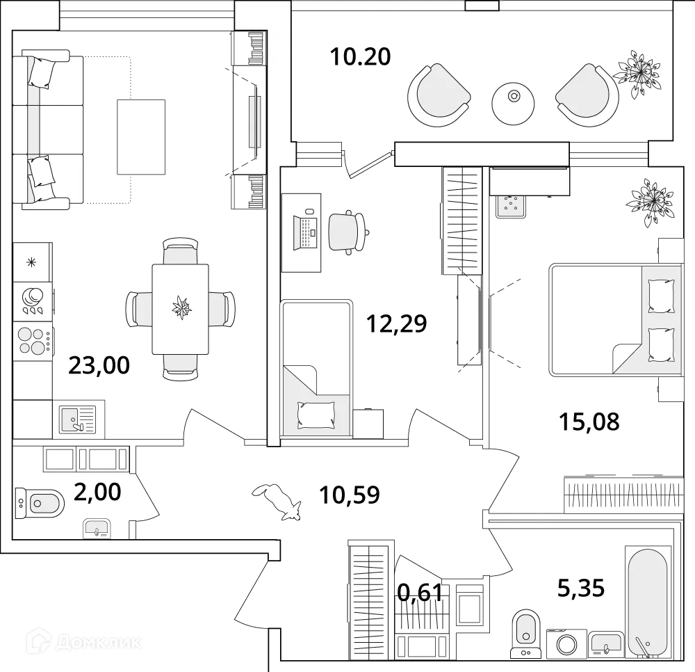 Планировка 2-комнатной квартиры 74 м² в ЖК "Cube (Кьюб)", г. Санкт-Петербург — фото 1