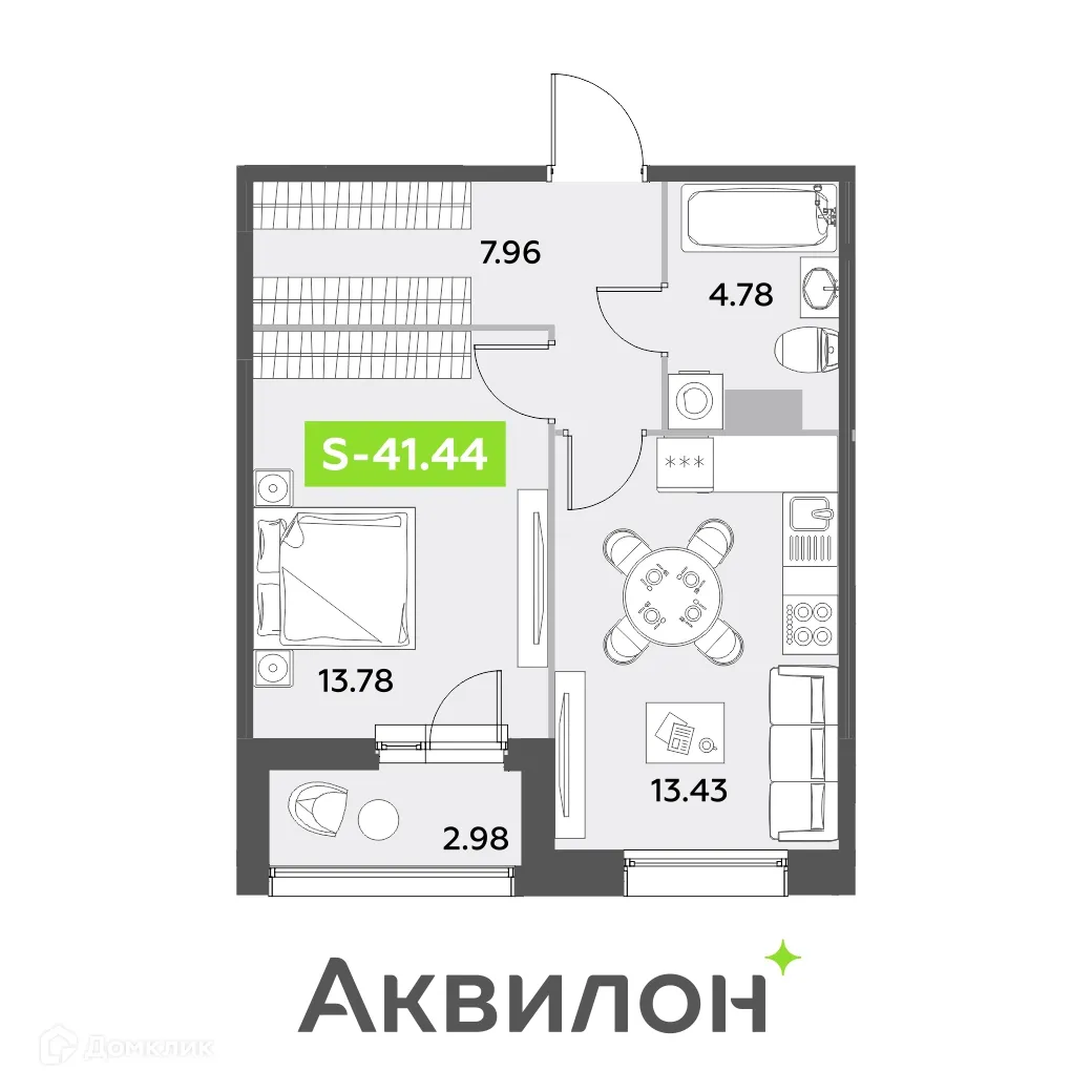 Планировка 1-комнатной квартиры 41.44 м² в ЖК Аквилон Leaves (Аквилон Ливз), г. Санкт-Петербург — фото 2