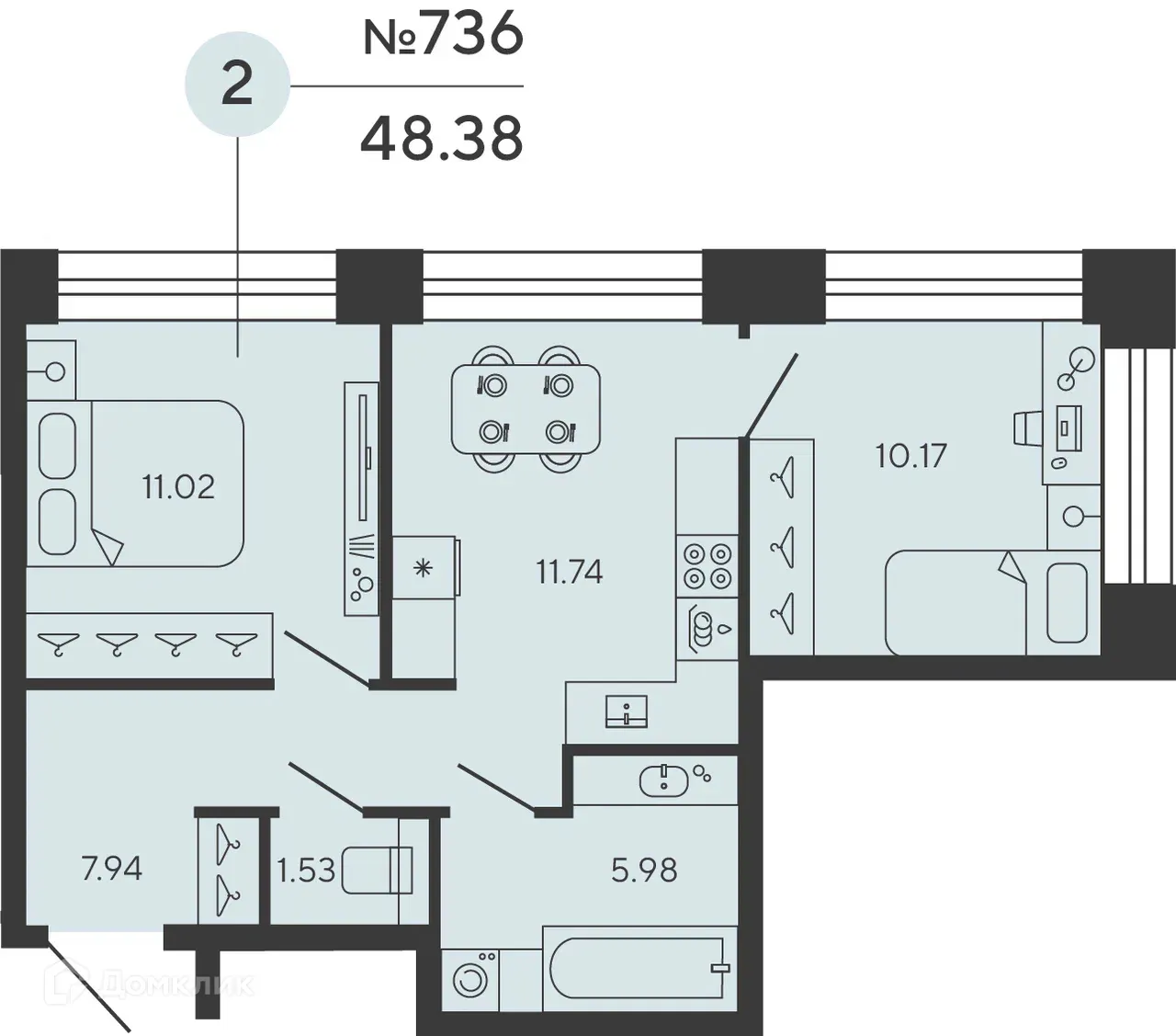 Планировка 2-комнатной квартиры 48.38 м² в ЖК Bashni Element (Башни Элемент), г. Санкт-Петербург — фото 1