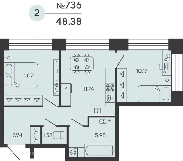 Планировка 2 комн. в ЖК Bashni Element (Башни Элемент)