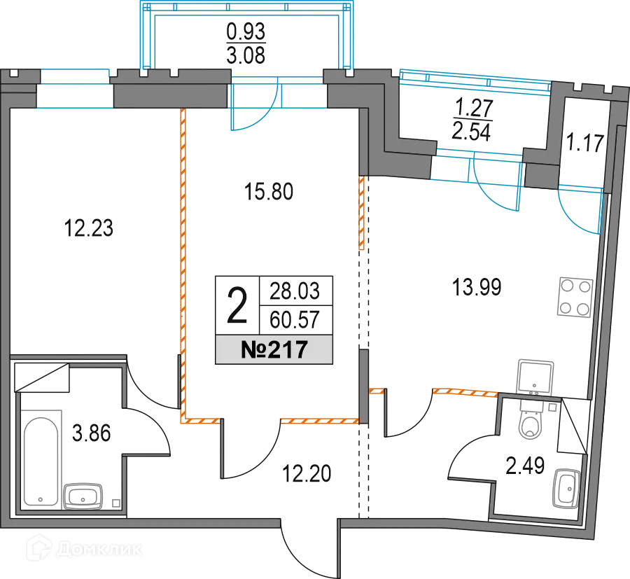Планировка 2-комнатной квартиры 60.57 м² в ЖК Приморский квартал, г. Санкт-Петербург — фото 1