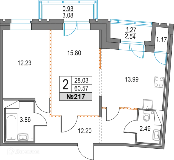 Планировка 2 комн. в ЖК Приморский квартал