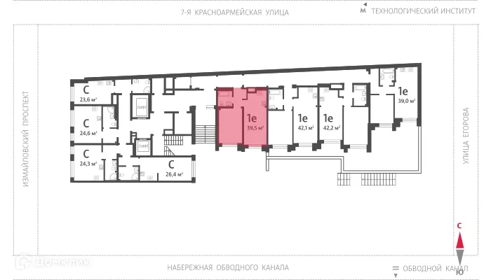 Планировка 1-комнатной квартиры 39.5 м² в ЖК ЛСР.Измайловский, г. Санкт-Петербург — фото 2