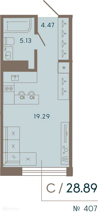 Планировка студии квартиры 28.89 м² в ЖК 17/33 Петровский остров, г. Санкт-Петербург — фото 1