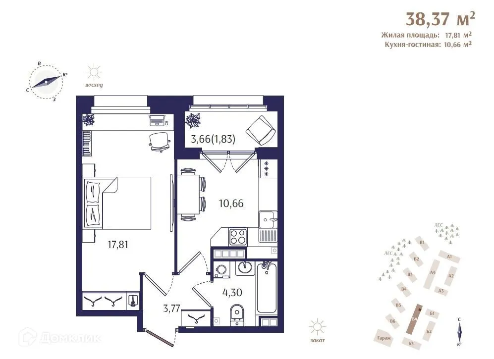 Планировка 1-комнатной квартиры 38.37 м² в ЖК РАНТА РЕЗИДЕНС, г. Санкт-Петербург — фото 3