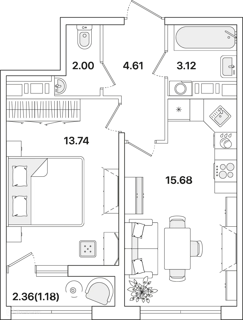 Планировка 1-комнатной квартиры 40.3 м² в ЖК Академик, г. Санкт-Петербург — фото 1